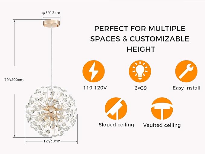 AGV LIGHTING Modern Crystal Chandelier Sputnik Dandelion Pendant Light Fixture, 6-Light Gold Chandelier for Dining Room Living Room Bedroom Foyer