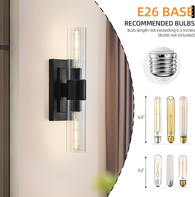 19" Modern Wall Sconce,2-Light Bathroom Vanity Light,Glass Tube Indoor Wall Sconce,Black Wall Light Wall Lamp for Bedroom, Mirror,Washroom, Hallway Hardwired Sconces Wall Lighting,E26 Base