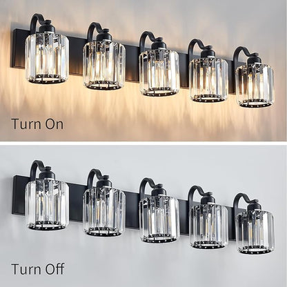 Crystal Vanity Light Black 5 Lights Modern Bathroom Vanity Lighting Fixtures with Crystal Round Shade Over Mirror (Exclude Bulb)