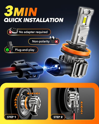 OXILAM Latest H11/H9 LED Bulbs,36,000LM 9X Ultra-Brightness, Real 1:1 Halogen Mini Size, 10-Year Longer Lifespan, Sealed Design for H11 H8 Fog Lights, Plug and Play, Pack of 2
