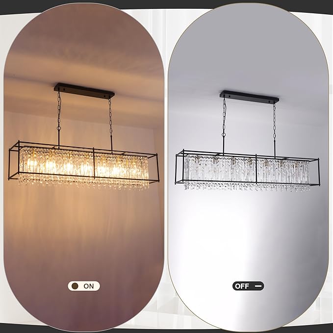 Modern Black Crystal Chandeliers For Dining Room, 50" Large Rectangle Water Ripple Glass Pendant Elegant Linear Lighting for Kitchen Island Dining Room LivingRoom Flat Inclined Ceiling,L50 x W11 x H19