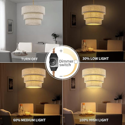 XININSUN 3-Tier Drum Linen Plug in Pendant Light with15ft Hemp Rope Cord E26 Dimmer Switch Hanging Lights Fixture Plug in Chandelier for Kitchen Island Dining Room Entryway Hallway-1Pack