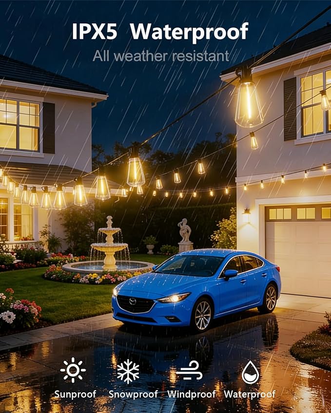 KGC 100FT LED Outdoor String Lights, Weatherproof Heavy Duty Patio Lights with 52 ST38 Shatterproof Edison Bulbs, Dimmable Vintage Bistro Lighting for Garden, Backyard, Pergola, Christmas Party