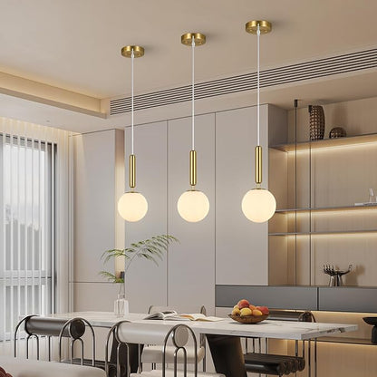 Modern Hanging Light Fixture Pendant Lighting for Kitchen Island Mid Century Gold Pendant Lights with Globe Milky White Glass Pendant Light for Bedroom Bathroom Entryway (3 Pack)