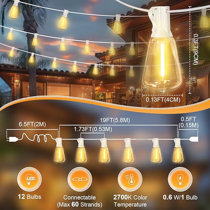 LAMPHOME 26FT Outdoor String Lights Waterproof, Connectable Patio Lights with 12+1 Shatterproof ST38 LED Edison Bulbs, Hanging Lights for Backyard Garden Porch Deck Christmas Party Cafe Outdoor Decor