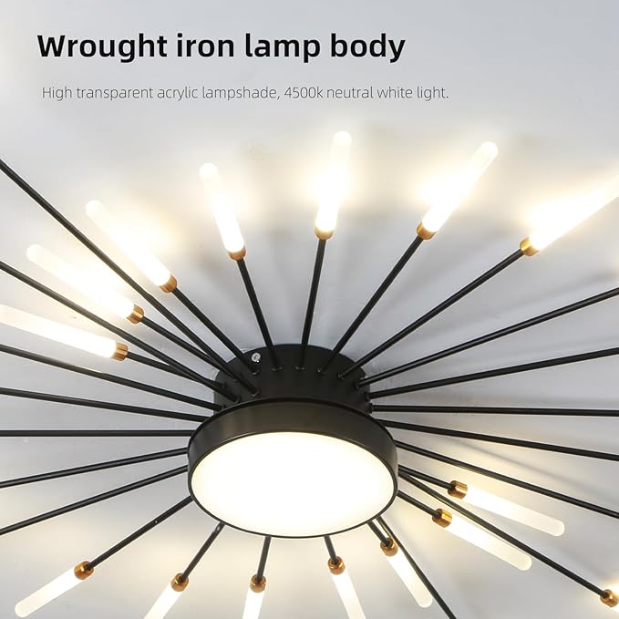 JAYMP 50.4" Ceiling Light Modern Flower Shape Ceiling Lamp for Living Room Dining Room Flush Mount Metal Acrylic Sputnik Firework Petal LED Lighting Fixture (Matte Black, 42+1 Lights)