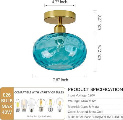 Luafac Blue Glass Semi Flush Mount Ceiling Light - 2 Pack,7.9 Inch Hammered Glass Small Hallway Light fixtures, Vintage Gold Art Deco Flush Mount Ceiling Light for entryway Foyer Laundry Room Kitchen
