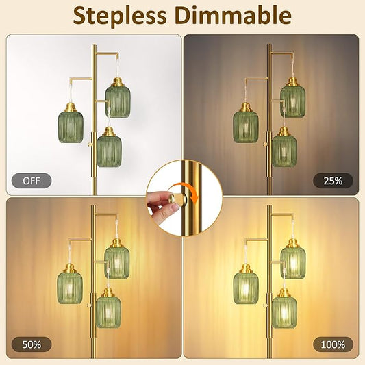 ROTTOGOON Dimmable Gold Floor Lamp for Living Room- 3 Light Green Glass Floor Lamps, Vintage Brass Tree Floor Lamps with 3X 6W LED Bulbs, Modern Standing Tall Lamp for Bedroom, 68", Gold & Green Glass