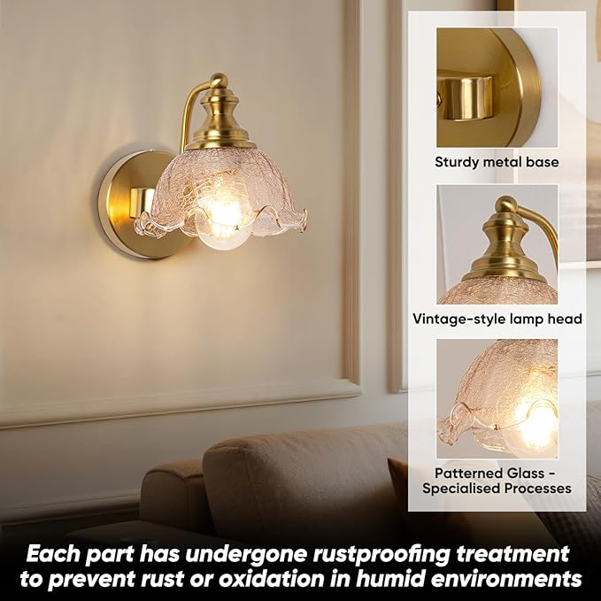 Vintage wall Sconce, Gold wall sconces with Amber Glass Shade, Bathroom Vanity Lights for Living Rooms Bedrooms Bathrooms Above Mirrors Hallways, E26 (Bulb Not Included)