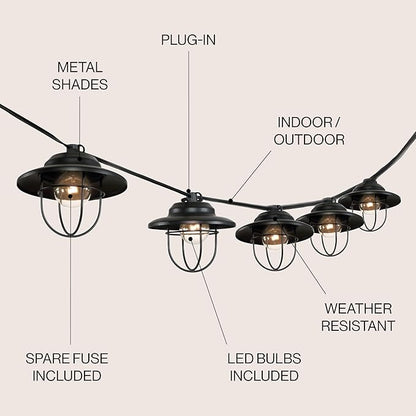 JONATHAN Y 10' Black 10-Light Rustic Farmhouse LED String Lights for Patio, Metal Cage Shade, Weatherproof Connectable Outdoor Hanging Lights, UL Listed JYL8703A