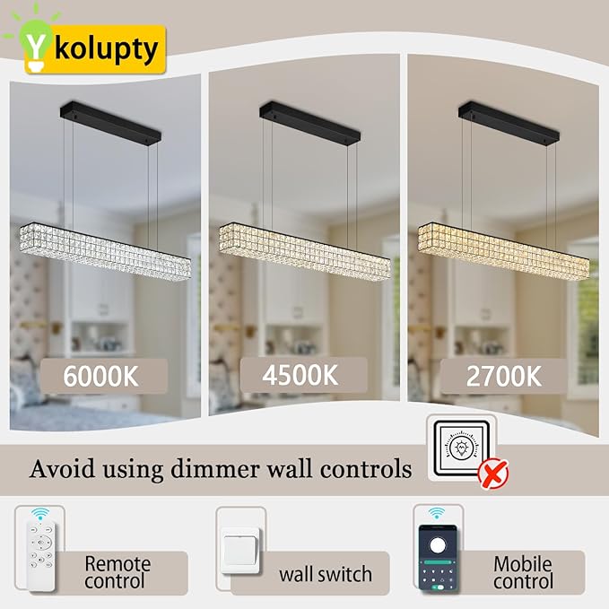 ykolupty Modern Rectangle Pendant Lights Dimmable LED Chandelier Lighting, Linear Black Dining Room Hanging Light Fixtures Kitchen Island Rectangle Chandelier for Dining Room (L 40")