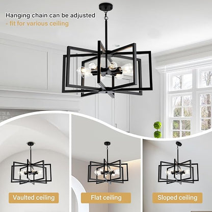 Modern Chandelier, 27.5'' Large Black Chandelier Light Fixture Industrial Max 60'' Hanging Adjustable Farmhouse Chandeliers for Dining Room Entryway Living Room Kitchen (8-Light, E26)