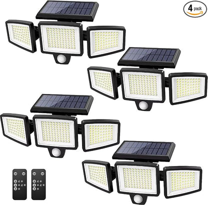 Tuffenough Solar Outdoor Lights 2500LM 210 LED Security Lights with Remote Control,3 Heads Motion Sensor Lights, IP65 Waterproof,270° Wide Angle Flood Wall Lights with 3 Modes(4 Pack)