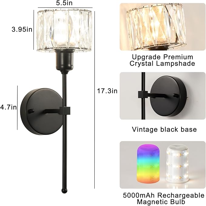 Crystal Battery Operated Wall Sconces Set Of Two, Black Wireless Wall Light with USB Rechargeable LED Light Bulbs 12 Colors Dimmable Crystal Wall Lamp with Remote for Living Room, Bedroom, Hallway