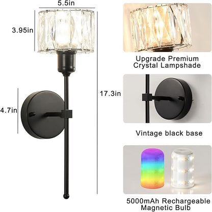 Crystal Battery Operated Wall Sconces Set Of Two, Black Wireless Wall Light with USB Rechargeable LED Light Bulbs 12 Colors Dimmable Crystal Wall Lamp with Remote for Living Room, Bedroom, Hallway