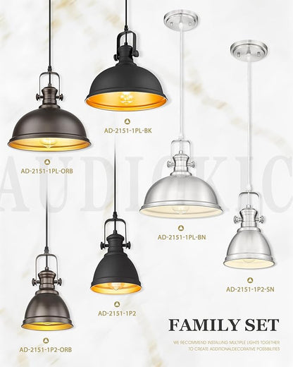 Pendant Lights Kitchen Island, Farmhouse Hanging Lights Fixtures with Metal Shade, Rustic Kitchen Pendant Lighting Over Island for Dining Room, Matte Black, AD-2151-1PL-BK
