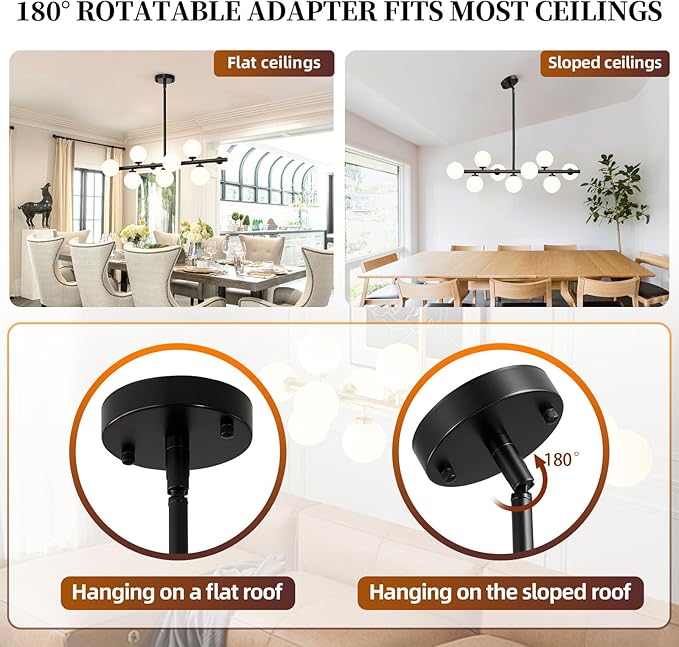 Mid Century Modern Sputnik Chandeliers: 9-Light Black Linear Dining Room Light Fixture - 40" Long Modern Milk White Glass Globe Pendant High Ceiling Chandelier Lighting for Living Room Kitchen Island