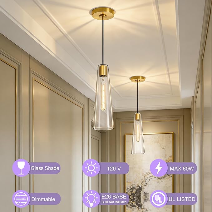 Modern Glass Pendant Lights Kitchen Island, Dimmable Gold Pendant Light Fixtures 1 Pack, Adjustable Farmhouse Hanging Light Fixture with Clear Glass Shades for Hallway Dining Room