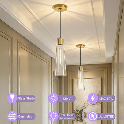 Modern Glass Pendant Lights Kitchen Island, Dimmable Gold Pendant Light Fixtures 1 Pack, Adjustable Farmhouse Hanging Light Fixture with Clear Glass Shades for Hallway Dining Room
