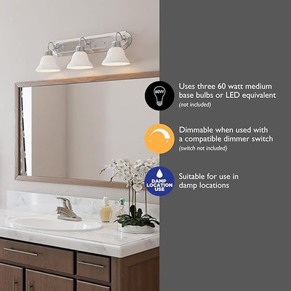 Design House Millbridge 3-Light Vanity Light, Satin Nickel Finish, Frosted Glass Shades, Dimmable, Bathroom Wall Fixture – Design House, 517383