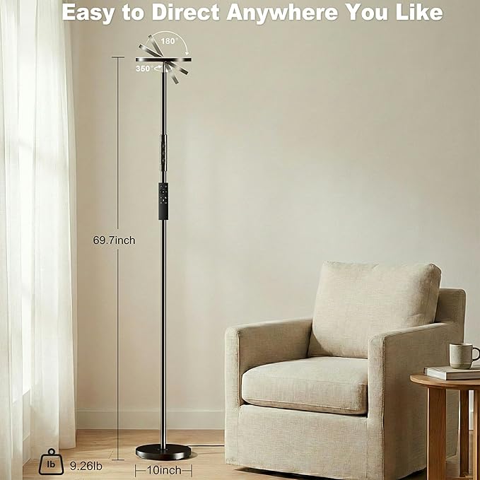 Yikuneng Super Bright Floor Lamp for Living Room, Stepless Dimmable LED Standing Lamp with Remote and Touch Control, 69” Tall Torchiere Corner Lamp for Bedroom Office Hotel, Black