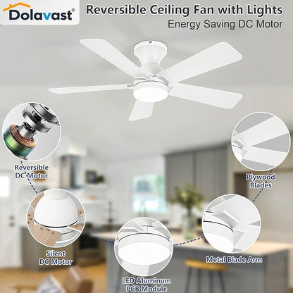 Ceiling Fans with Lights, 42 Inch Low Profile Ceiling Fan with Light and Remote Control, Flush Mount, Reversible, 3CCT, Dimmable LED, Quiet, White Ceiling Fan for Bedroom, Kitchen