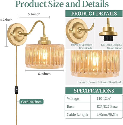 ZECOXOL Vintage Plug in Wall Sconces,Dimmable Wall Sconces of Two,Wall Lamps with Plug in Cord & Flower Glass Lampshade,Gold Sconces Wall Decor Set of 2 Wall Lights Sconces for Bedroom