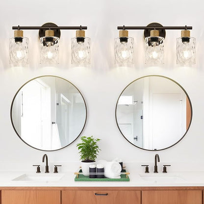 MOKATNG Bathroom Light Fixtures, 3-Light Coastal Vanity Lights with Crystal Glass Shade, Oil-Rubbed Bronze Bathroom Wall Lamp for Mirror Kitchen Hallway Cabinet