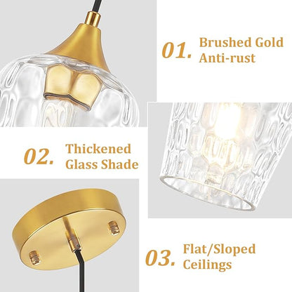 Brushed Gold Pendant Light Fixtures, Thick Hammered Glass Pendant Lights Kitchen Island 3 Pack Modern Hanging Light Hallway Ceiling Light Fixtures Mini Pendant Lights for Bathroom Dining Room