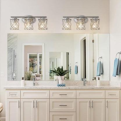 Mavcadonf Modern Vanity Lights with Cage Shade, 3 Lights Over Mirror, Brushed Nickel Bathroom Wall Lamp