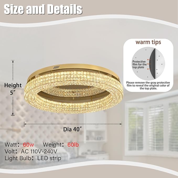 ykolupty 40'' Crystal Chandelier for Living Room Large Chandeliers for Living Room Crystal Flat Mounted Ceiling Lights Dining Room Bedroom Dimmable 2700-6000K (Gold Chandelier)