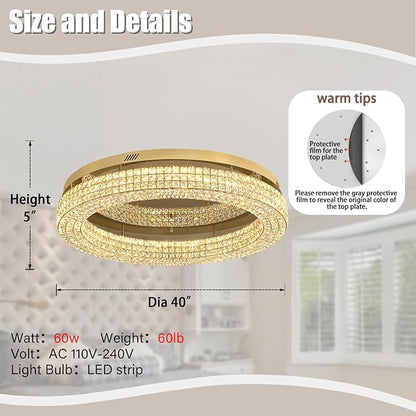 ykolupty 40'' Crystal Chandelier for Living Room Large Chandeliers for Living Room Crystal Flat Mounted Ceiling Lights Dining Room Bedroom Dimmable 2700-6000K (Gold Chandelier)