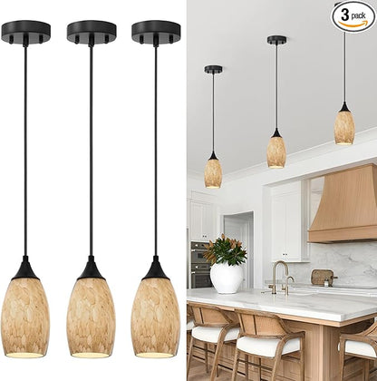 ANYLOVE Vintage Art Brown Pendant Lighting,3-Pack Hand Glass Hanging Light Fixture,Adjustable Cord for Kitchen,Hallway,Dining Room