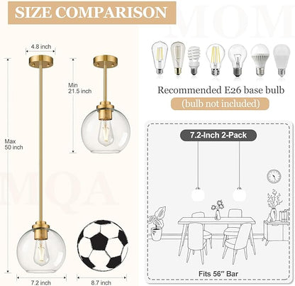 1 Pack 7.2-Inch Globe Pendant Lights, Mid Century Gold Pendant Light Fixtures, Globe Pendant Lights Kitchen Island with Milk Glass Shade Adjustable Hanging Fixture for Dining Room (Bulbs not Included)