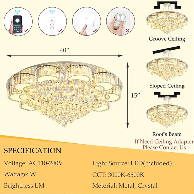 39.4" Silver Modern Crystal Chandeliers for Dining Room LED Dimmable Light Fixtures Flush Mount Light Living Room Bedrooms