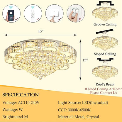 39.4" Silver Modern Crystal Chandeliers for Dining Room LED Dimmable Light Fixtures Flush Mount Light Living Room Bedrooms