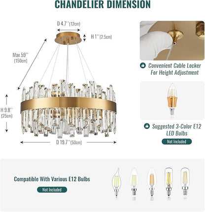 Siljoy Modern Gold Round Crystal Chandelier, 12-Light Luxury 2-Tiers K9 Crystal Raindrop Chandelier, Dimmable Crystal Ceiling Light for Dining Room Living Room Bedroom Foyer D19.7''