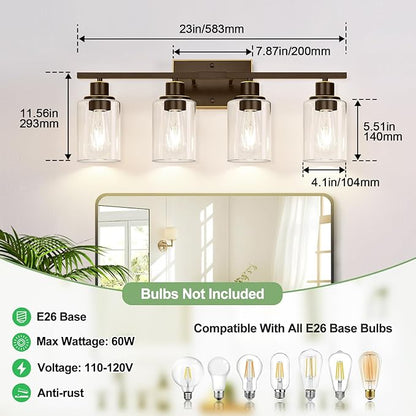 Indoi 4 Light Bathroom Light Fixtures, Oil-Rubbed Bronze Modern Vanity Lights with Clear Glass Shades, Bathroom Wall Lamp for Mirror Living Room Cabinet