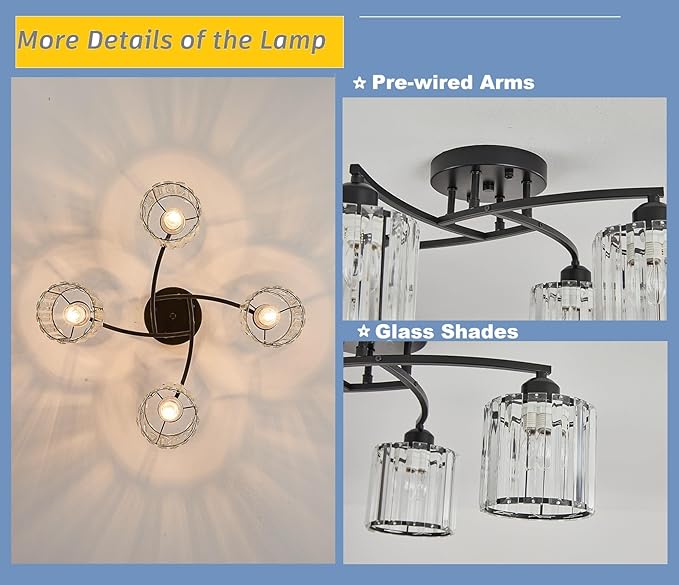 Crystal Chandelier, Modern Elegant Ceiling Light E26 Base Easy Installation Durable Metal Frame for Living Room Bedroom Dining Room, Black (Style B)