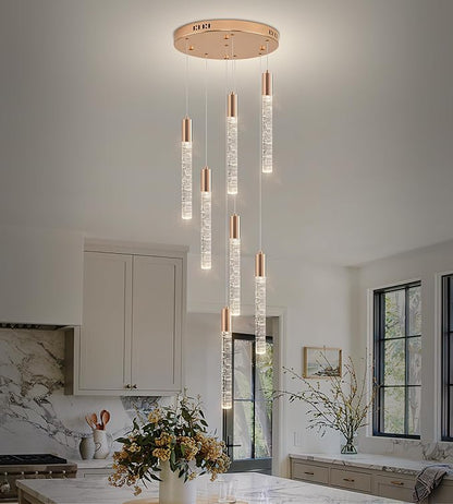 7-Lights High Ceiling Crystal Chandelier, Modern LED Raindrop Pendant Light Fixture 60" H Flush Mount Chandelier Gold for Foyer Staircase Living Room