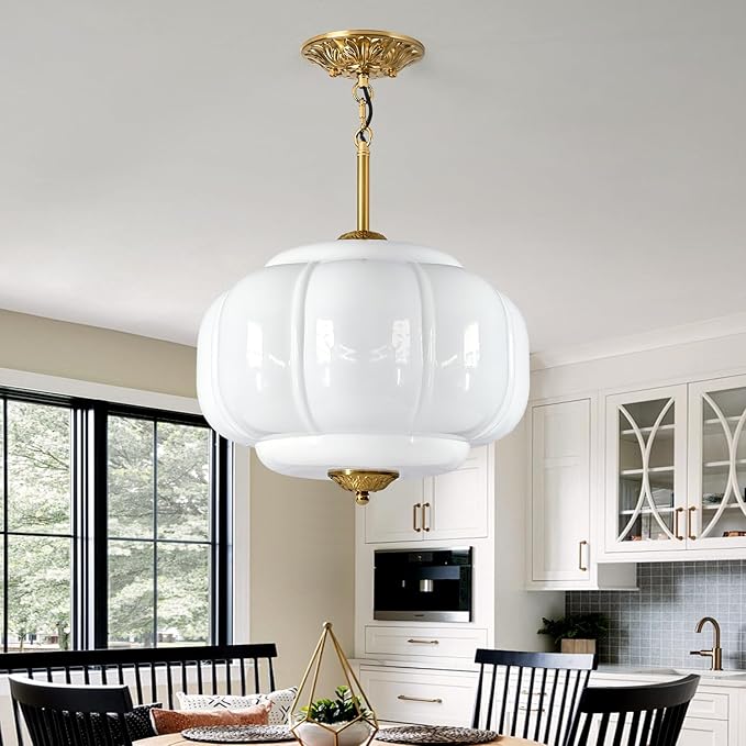Milk Glass Pendant Light, 15 Inch White Handblown Shade with Antique Brass Hardware, Adjustable Hanging Rod Vintage Chandelier, Dimmable E26 Base Fixture for Kitchen Island, Dining Room, Livingroom