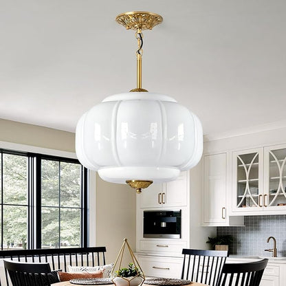 Milk Glass Pendant Light, 15 Inch White Handblown Shade with Antique Brass Hardware, Adjustable Hanging Rod Vintage Chandelier, Dimmable E26 Base Fixture for Kitchen Island, Dining Room, Livingroom
