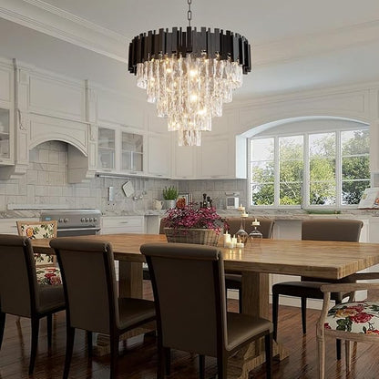 Modern Elegant Crystal Chandelier 24" Round K9 Crystal Ceiling Light Adjustable Black 5-Tier Chandelier with 10 Lights for Dining Room Living Room Foyer