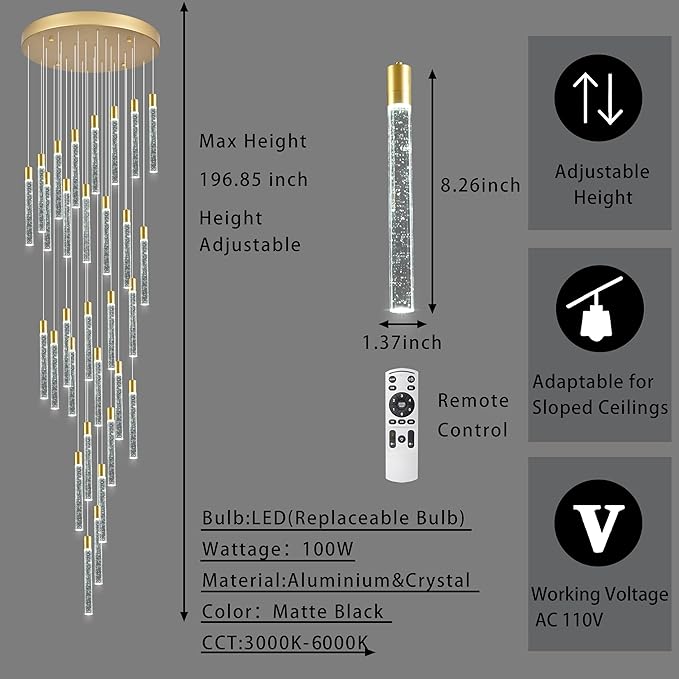 30-Lights Bubble Chandelier for Entryway High Ceiling-196 Height Adjustable Crystal Chandelier,3 Color Temperature Dimmable LED Pendant Light Fixture for Foyer Living Room Staircase,Gold