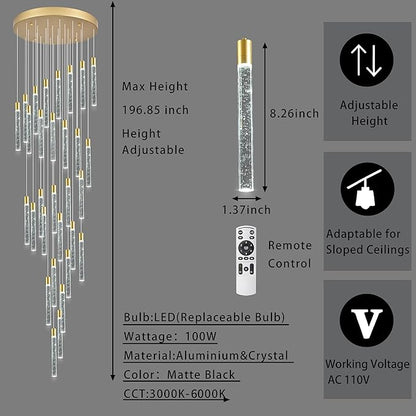 30-Lights Bubble Chandelier for Entryway High Ceiling-196 Height Adjustable Crystal Chandelier,3 Color Temperature Dimmable LED Pendant Light Fixture for Foyer Living Room Staircase,Gold