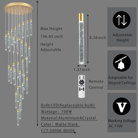 30-Lights Bubble Chandelier for Entryway High Ceiling-196 Height Adjustable Crystal Chandelier,3 Color Temperature Dimmable LED Pendant Light Fixture for Foyer Living Room Staircase,Gold