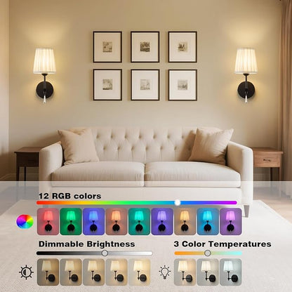 Black Battery Operated Wall Sconce,10000 Mah Rechargeable Wall Sconces set of 2 With Remote,3CCT and 12 RGB Sconces Battery Operated Dimmable,Fabric Sconces Wall Decor Set of 2 for Bedroom,Living Room