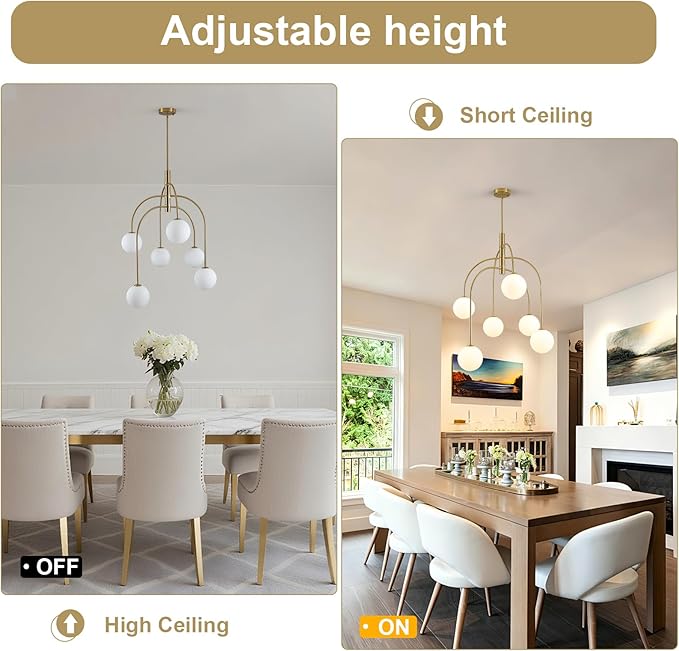 Mid Century Modern Chandelier, 6-Light Gold Globe Chandelier Milk Glass Chandelier Light Fixture, Adjustable Sputnik Hanging Pendant Light for Dining Room Entryway Kitchen Island, Bulbs Included