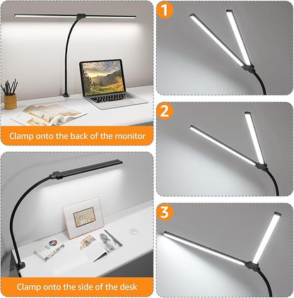 ShineTech LED Desk Lamp, 31.5" Ultra Wide Double Head Architect Light with Clamp, 50 Adjustable Lighting Modes, Eye-Caring Bright Task Lamp for Home Office, Large Monitor, Memory & Auto-Off Timer