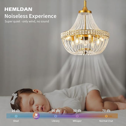 20 inch Chandelier Fan, Luxury Crystal Ceiling Fan with Lights, Remote/APP Controlled, 7 Blades Invisible Fan for Bedoom, Dining Room, (Gold, 20" Luxurious Style)